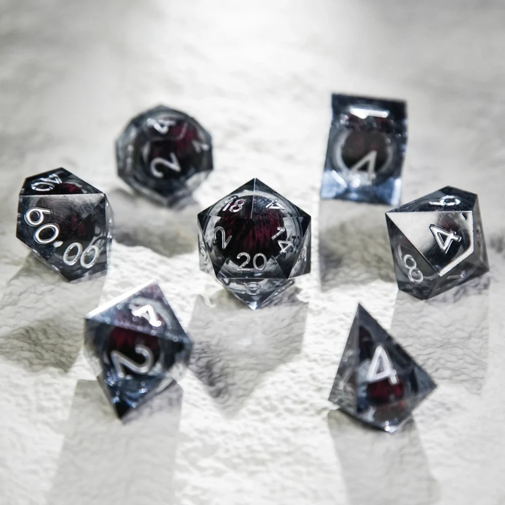 Dragon Liquid Core DND Dice Set – Black Resin Core DND Dice Set + Silver Font