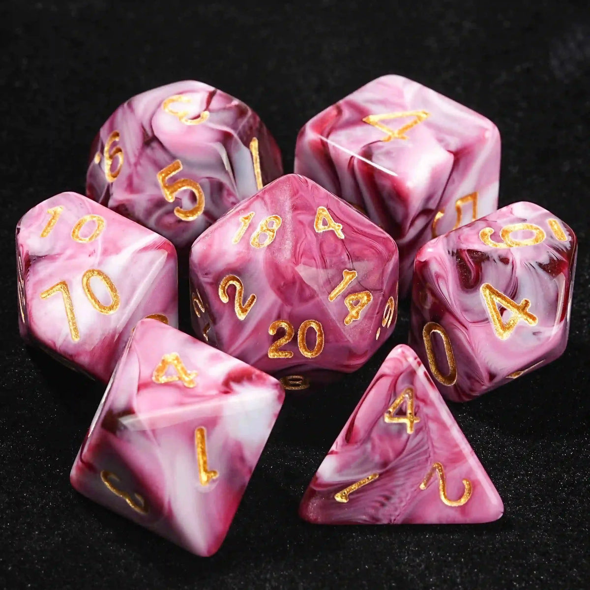 Blood Swirl Acrylic DND Dice Set – Pink marble texture acrylic DND dice set + gold number