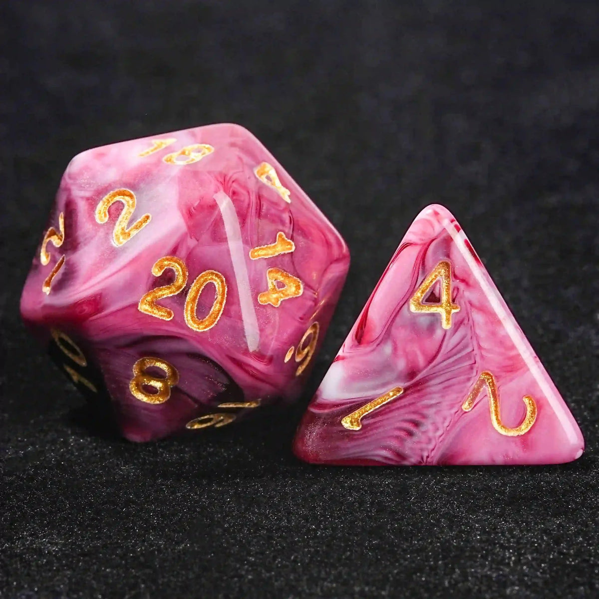 Blood Swirl Acrylic DND Dice Set – Pink marble texture acrylic DND dice set + gold number