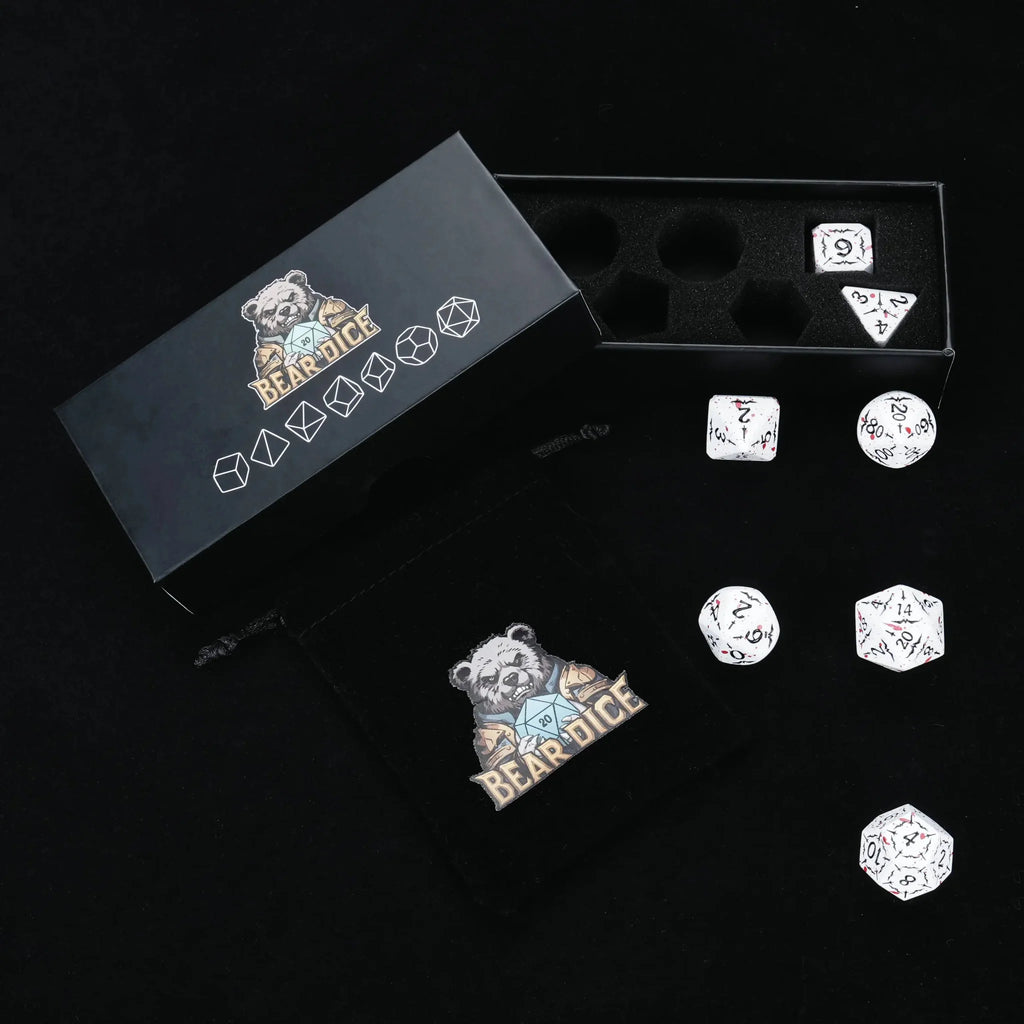 Eagle Metal DND Dice Set – Bloodstained White Metallic Eagle and Sword DND Dice Set with a Black Sponge-Lined Dice Case