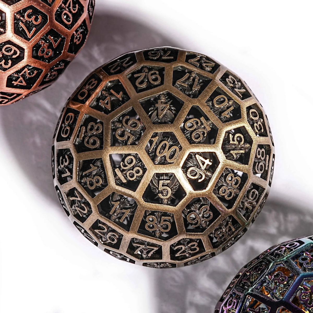 Bloodstains Metal D100 Dice – 50mm Mystery Tap Bronze D100 Metal DND Dice