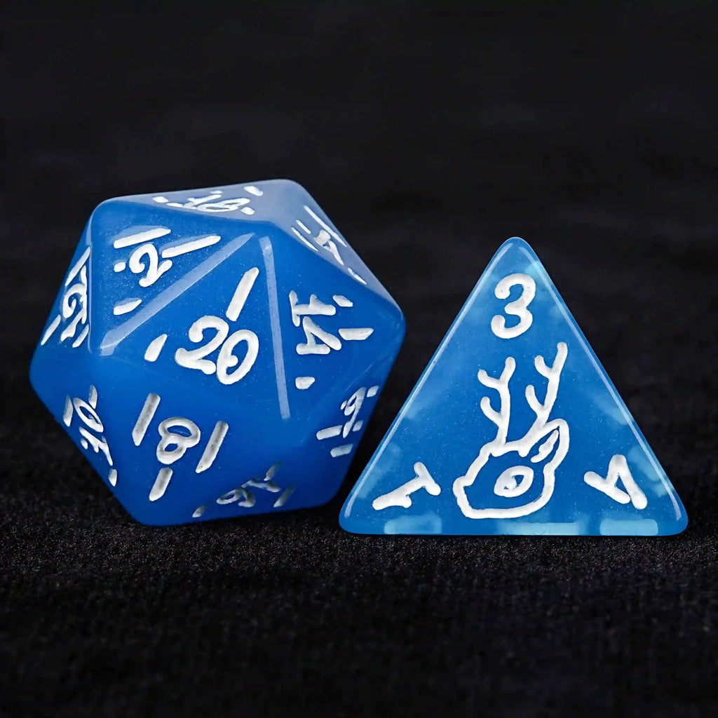 Blue Christmas Acrylic DND Dice Set – White Runes – Blue Christmas Theme Acrylic DND Dice Set + White Runes