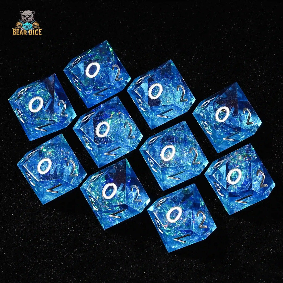 Blue Essence Resin D10 Die – Silver Numbers – Blue Essence Resin Solid 10 Sided Dice (D10 Dice) - Silver Font