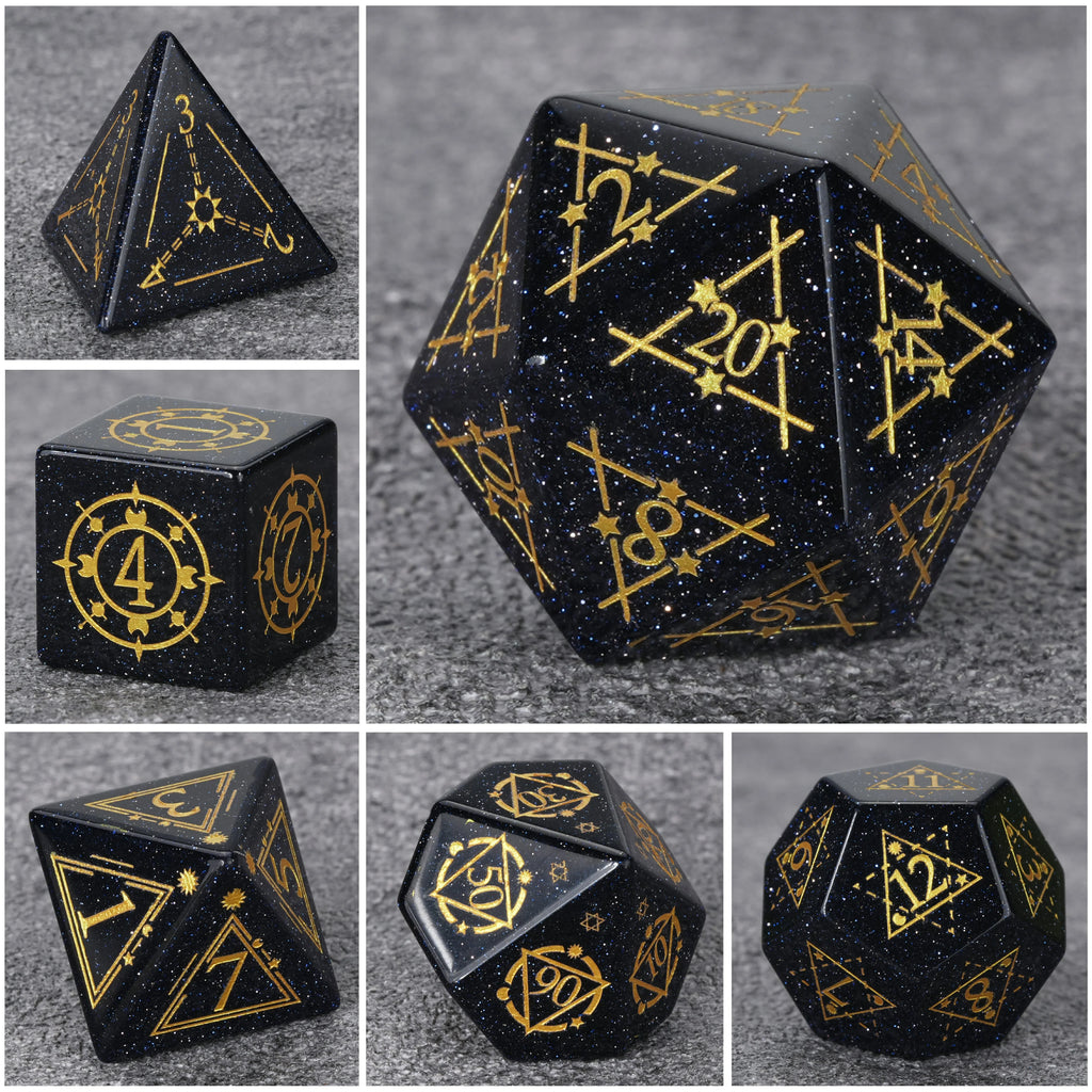 Blue Goldstone Glass Dice Set – Star Array