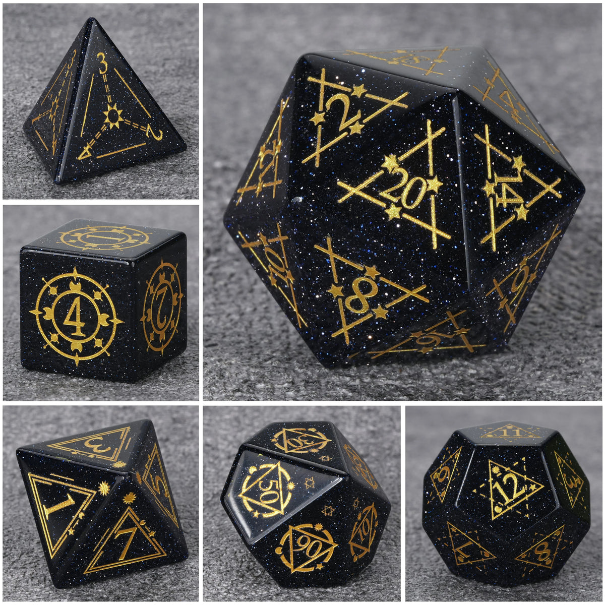 Blue Goldstone Glass Dice Set – Star Array