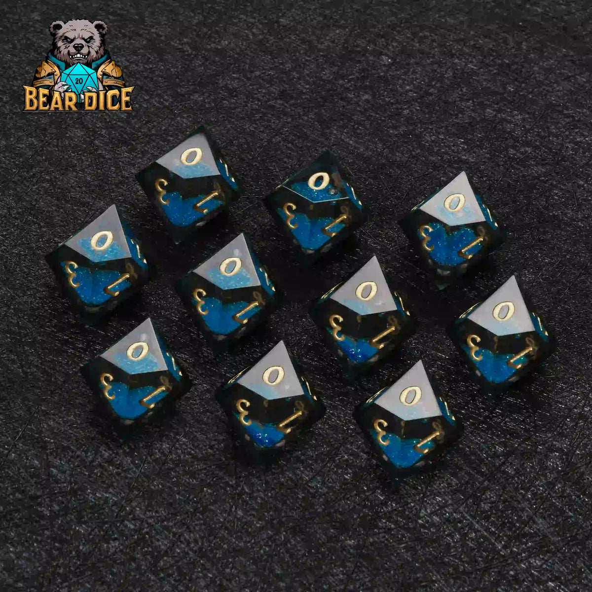Fluid Liquid Core Dice Set – Gold Numbers – Blue Liquid Core D10 Dice Set with soft storage pouch included