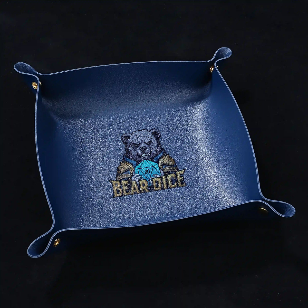 Square Dice Tray – Leather – Blue PU leather dice tray assembled for DND dice rolling and storage