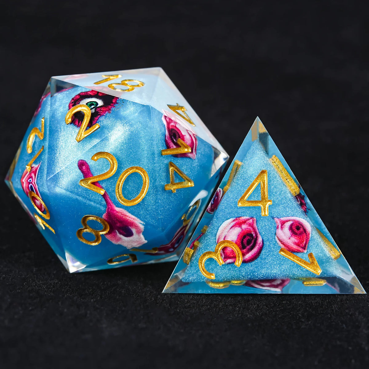 Blue Red Eye Resin DND Dice Set – Gold Numbers – Blue Red Eye Resin Dice Set with Gold Numbers - RPG DND