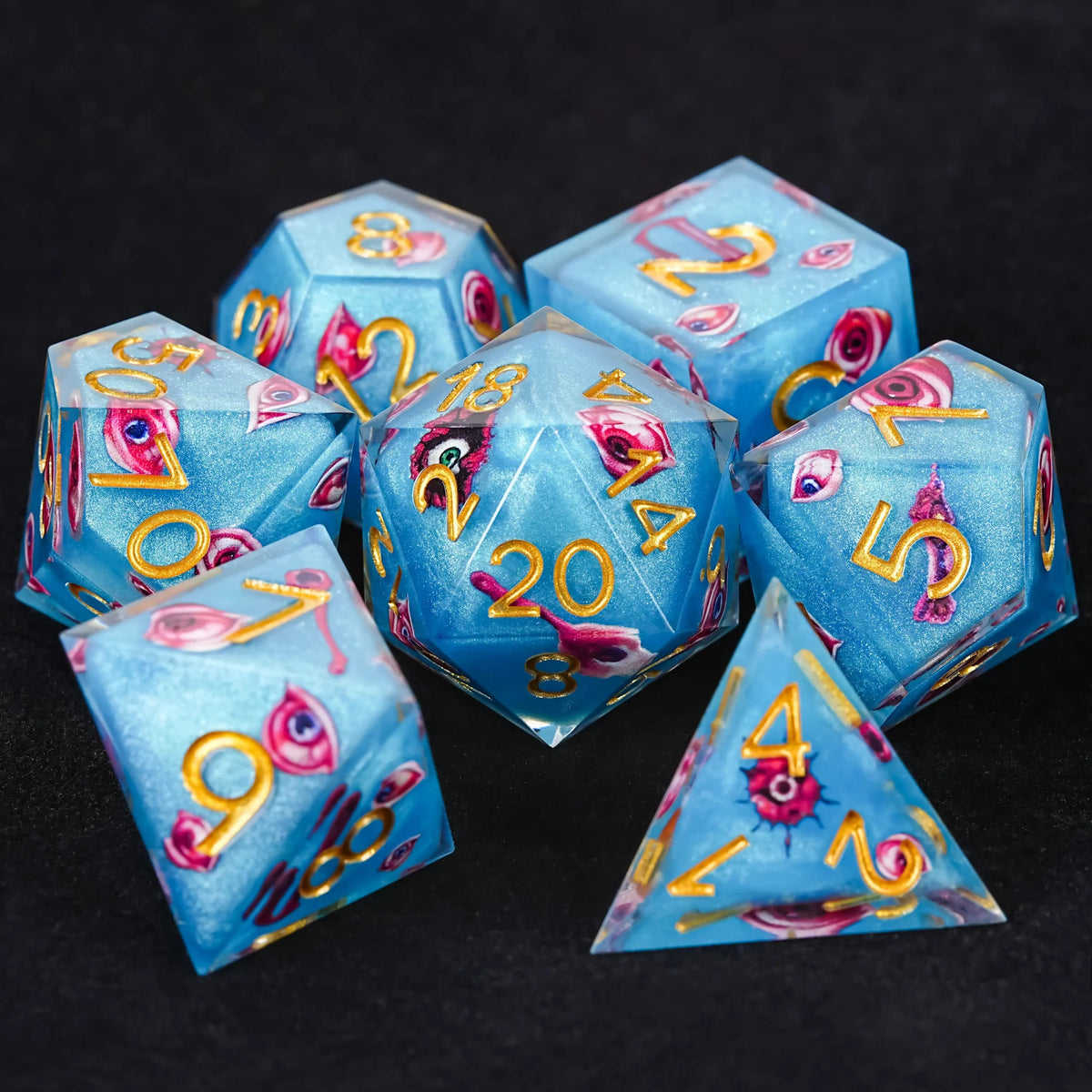 Blue Red Eye Resin DND Dice Set – Gold Numbers – Blue Red Eye Resin Dice Set with Gold Numbers - RPG DND