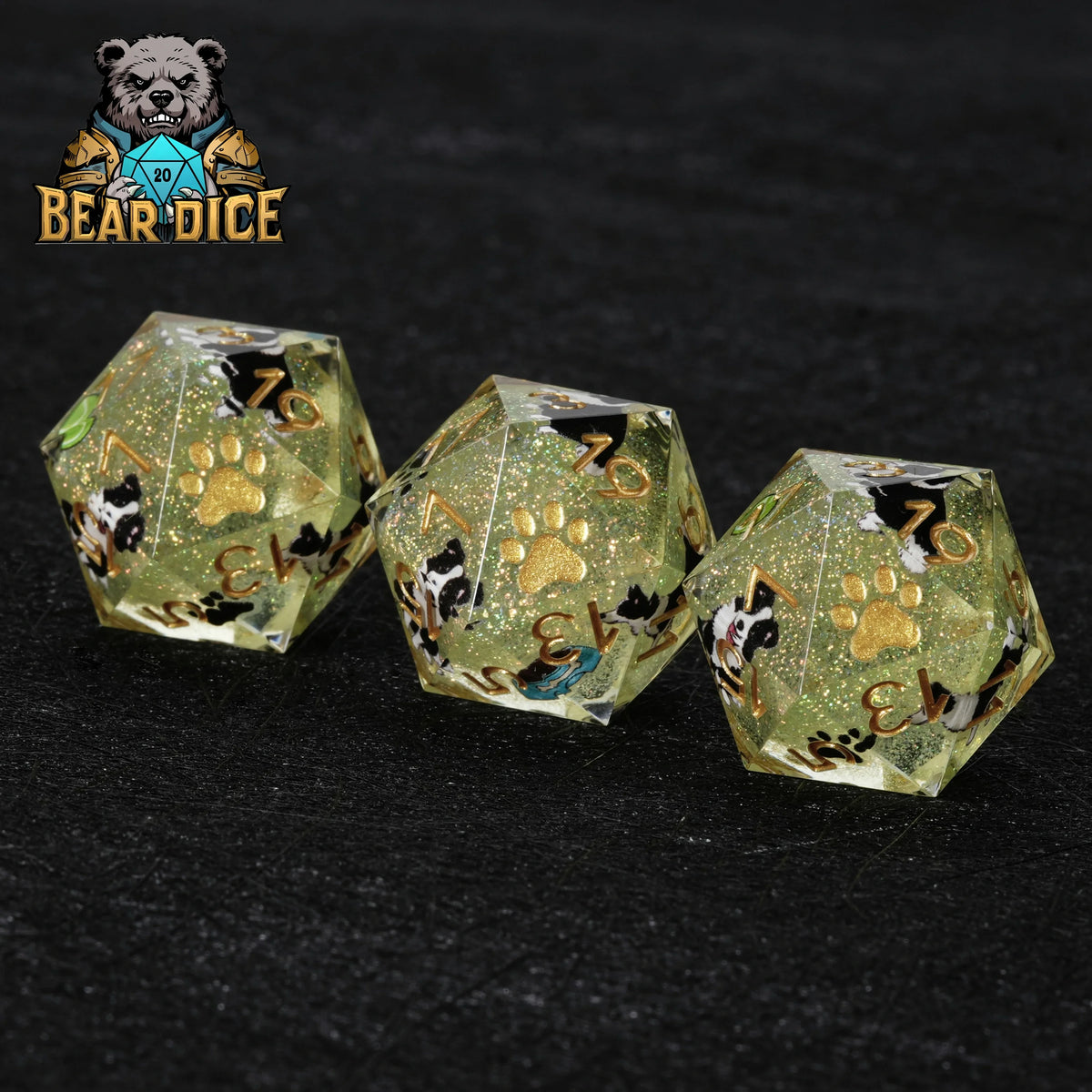 Border Collie Resin D20 Dice Set – Glitter