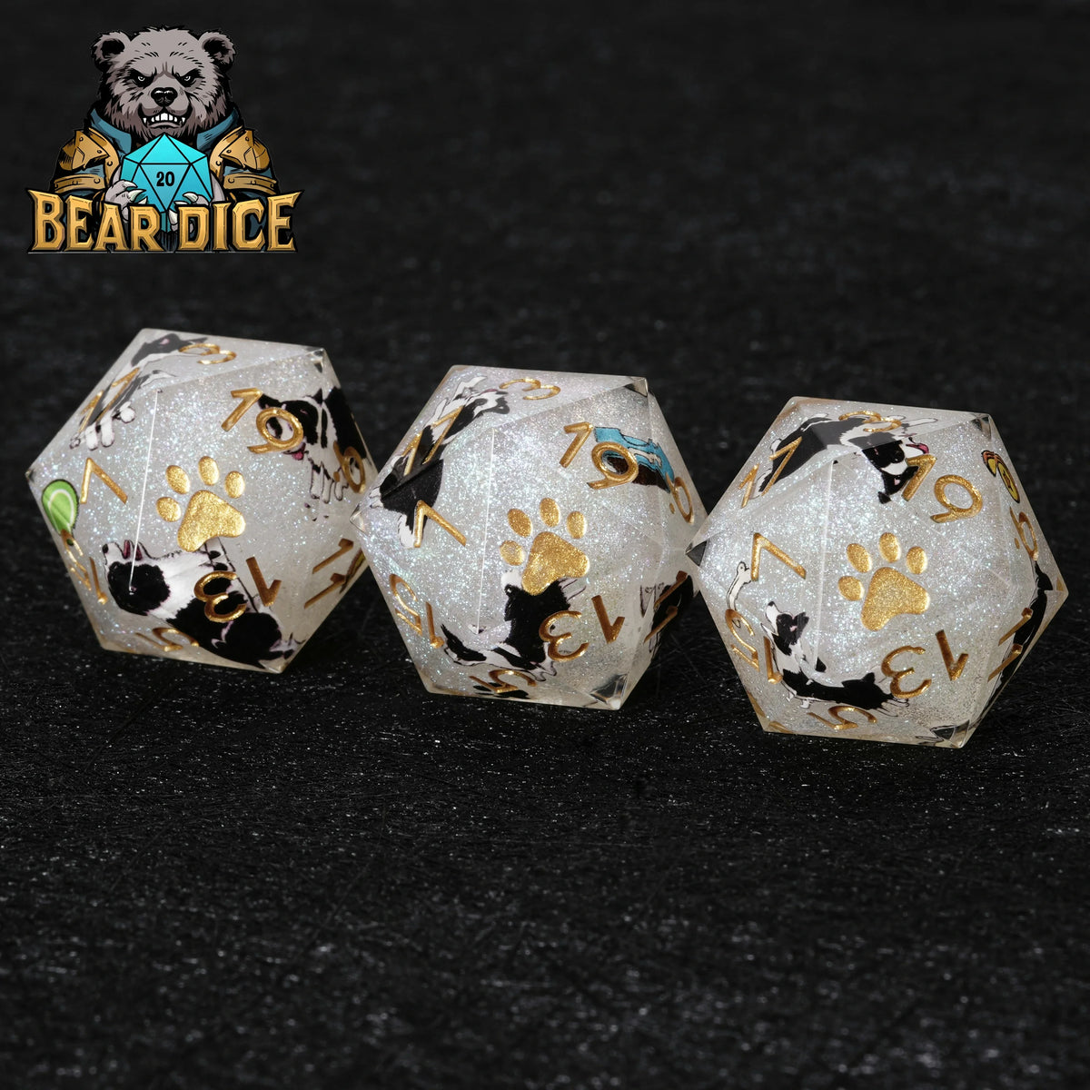 Border Collie Resin D20 Dice Set – Glitter – Personalized Design 1
