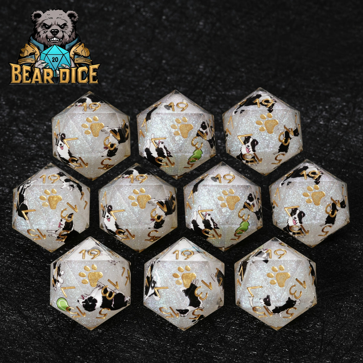 Border Collie Resin D20 Dice Set – Glitter – Personalized Design 1 – alternate product view