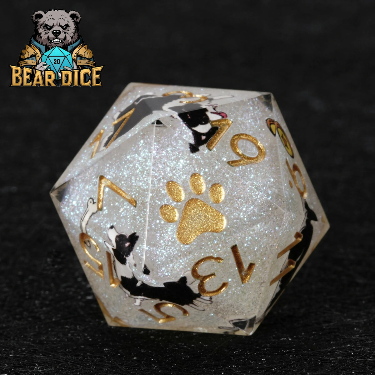 Border Collie Resin D20 Dice Set – Glitter – Personalized Design 1 – alternate product view