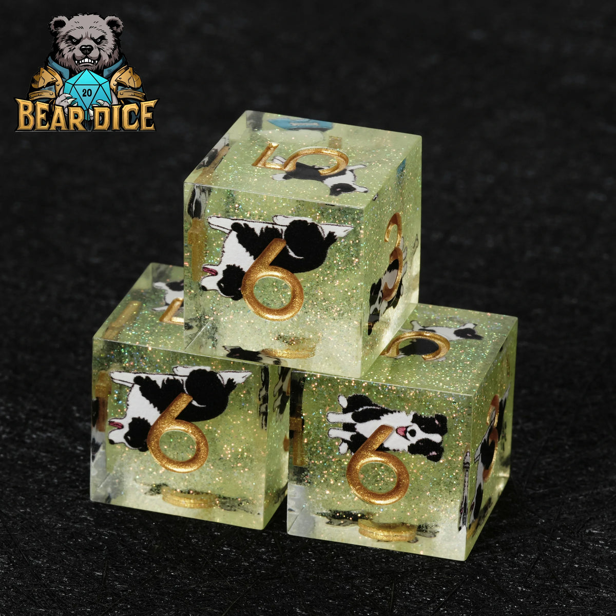 Border Collie Resin D6 Dice Set – Glitter – Personalized Design 1