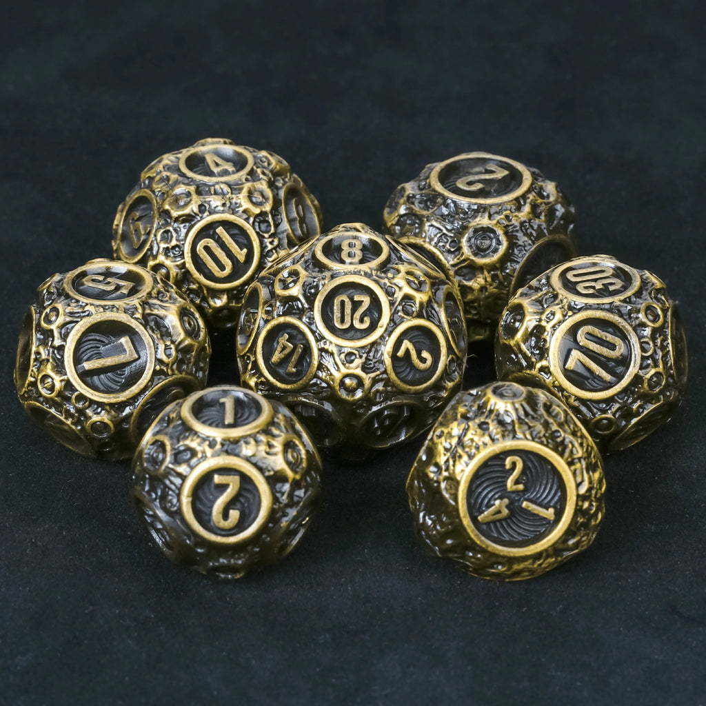 Bronze Planet Metal DND Dice Set – Spherical Planet Metal Dice Set – all 7 dice scattered view
