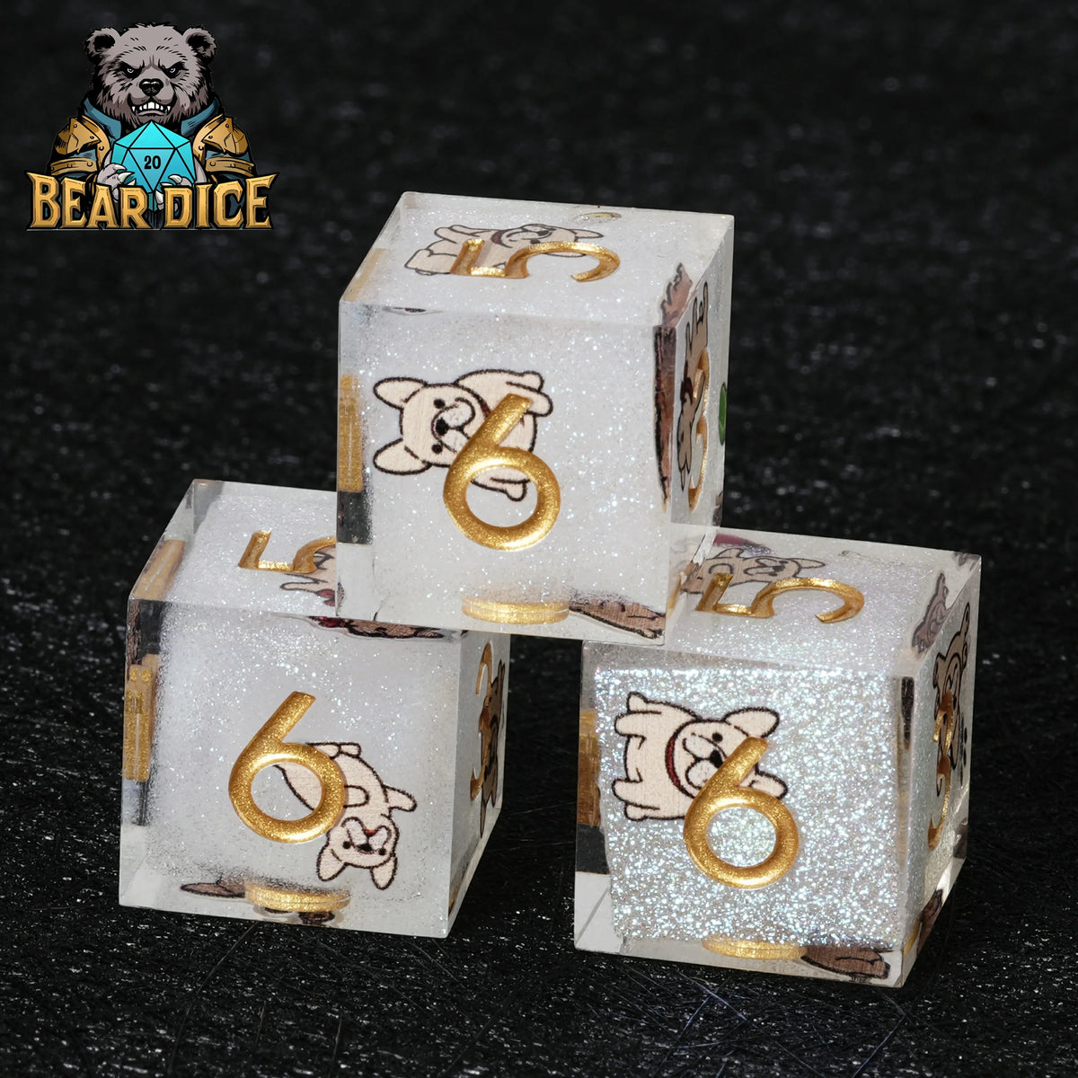Bulldog White Glitter D6 Dice Set