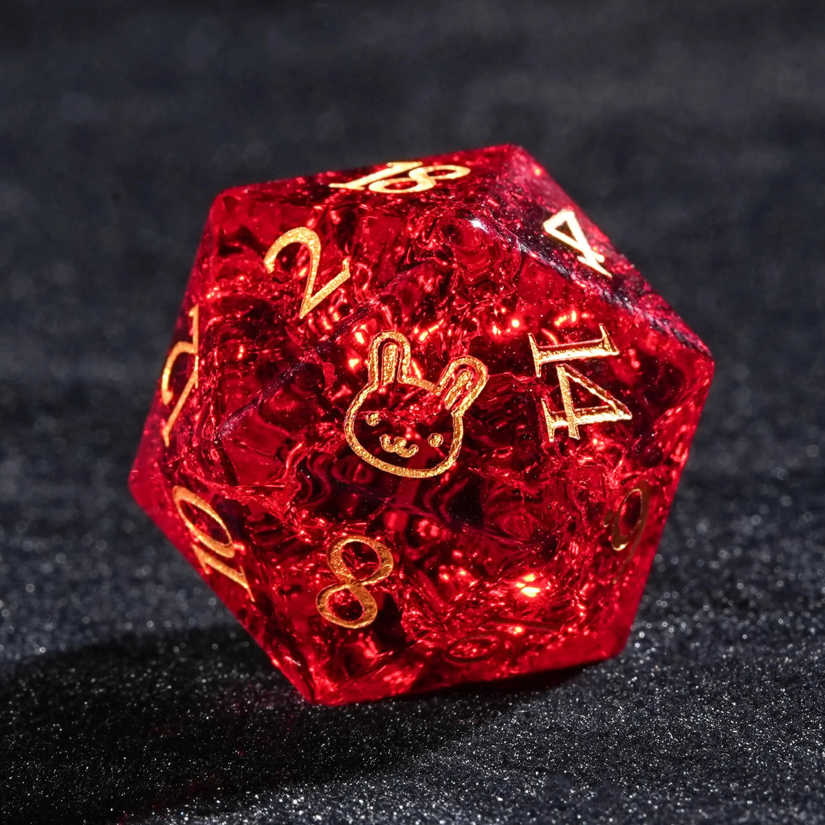 Burst Gem Gemstone DND Dice Set – DND Burst Red Clear Glass D20 Dice with Gold Rabbit Engraving