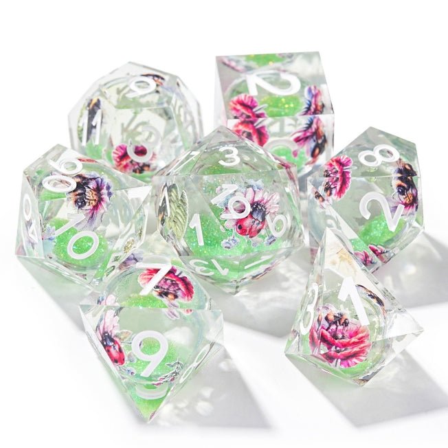 Butterfly Liquid Core Dice Set – Quicksand – Dream Series - Butterfly Green Quicksand Resin DND Dice Set