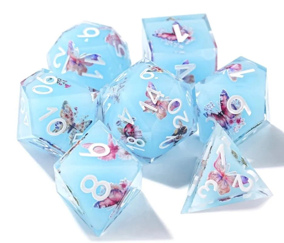 Butterfly Resin DND Dice Set – Dream Light – Dream Series - Light Blue Butterfly Resin DND Dice Set