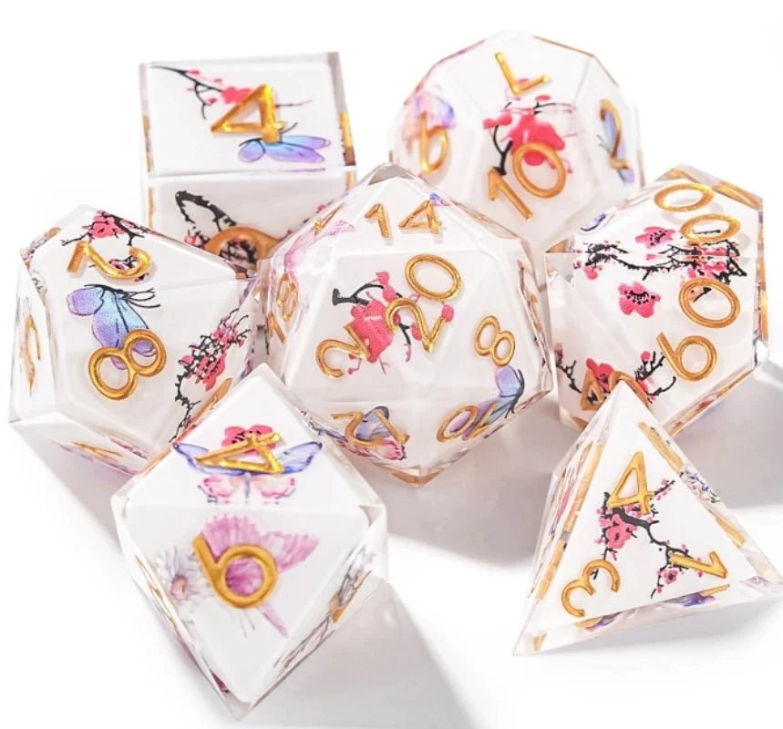 Butterfly Resin DND Dice Set – Flower Polyhedron – Flower and butterfly exquisite polyhedron resin dice set