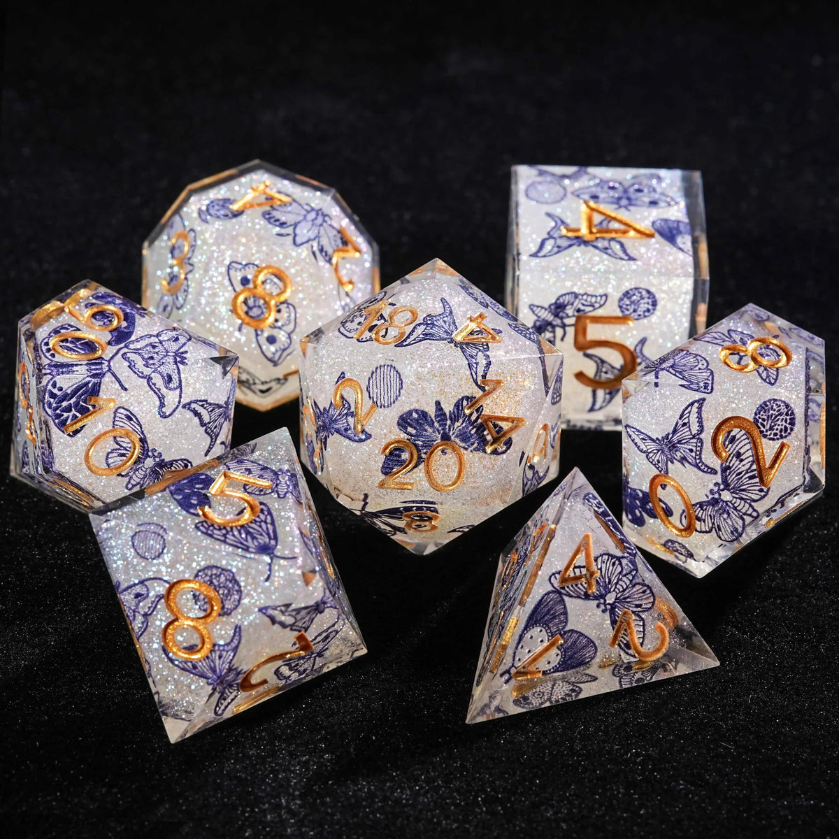 Butterfly Resin DND Dice Set – Gold Numbers – Blue Butterfly Resin DND Dice Set + Gold Font