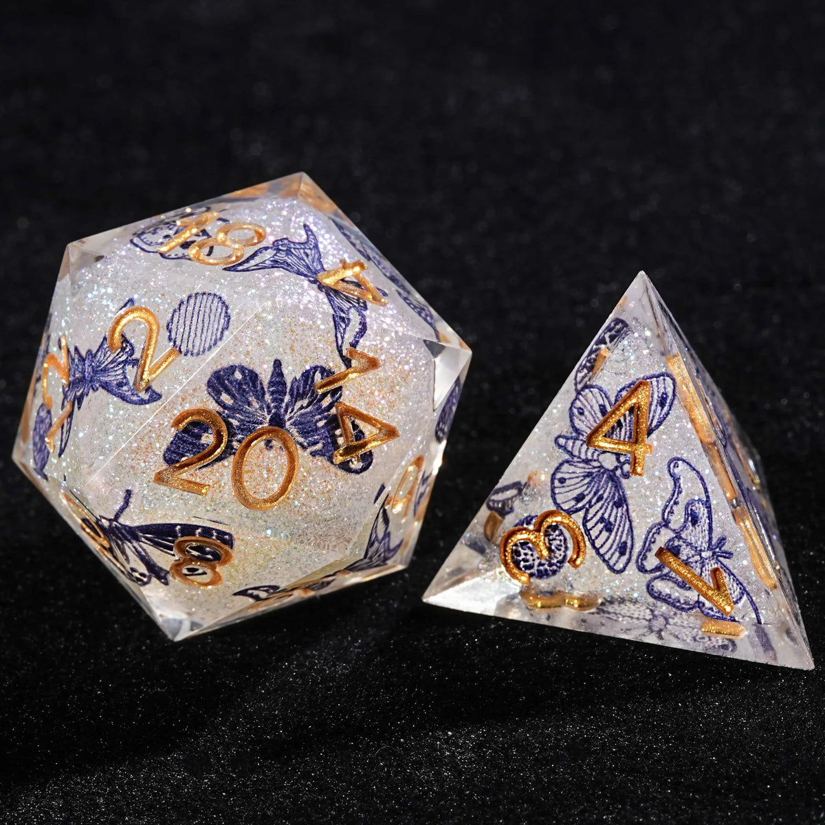 Butterfly Resin DND Dice Set – Gold Numbers – Blue Butterfly Resin DND Dice Set + Gold Font