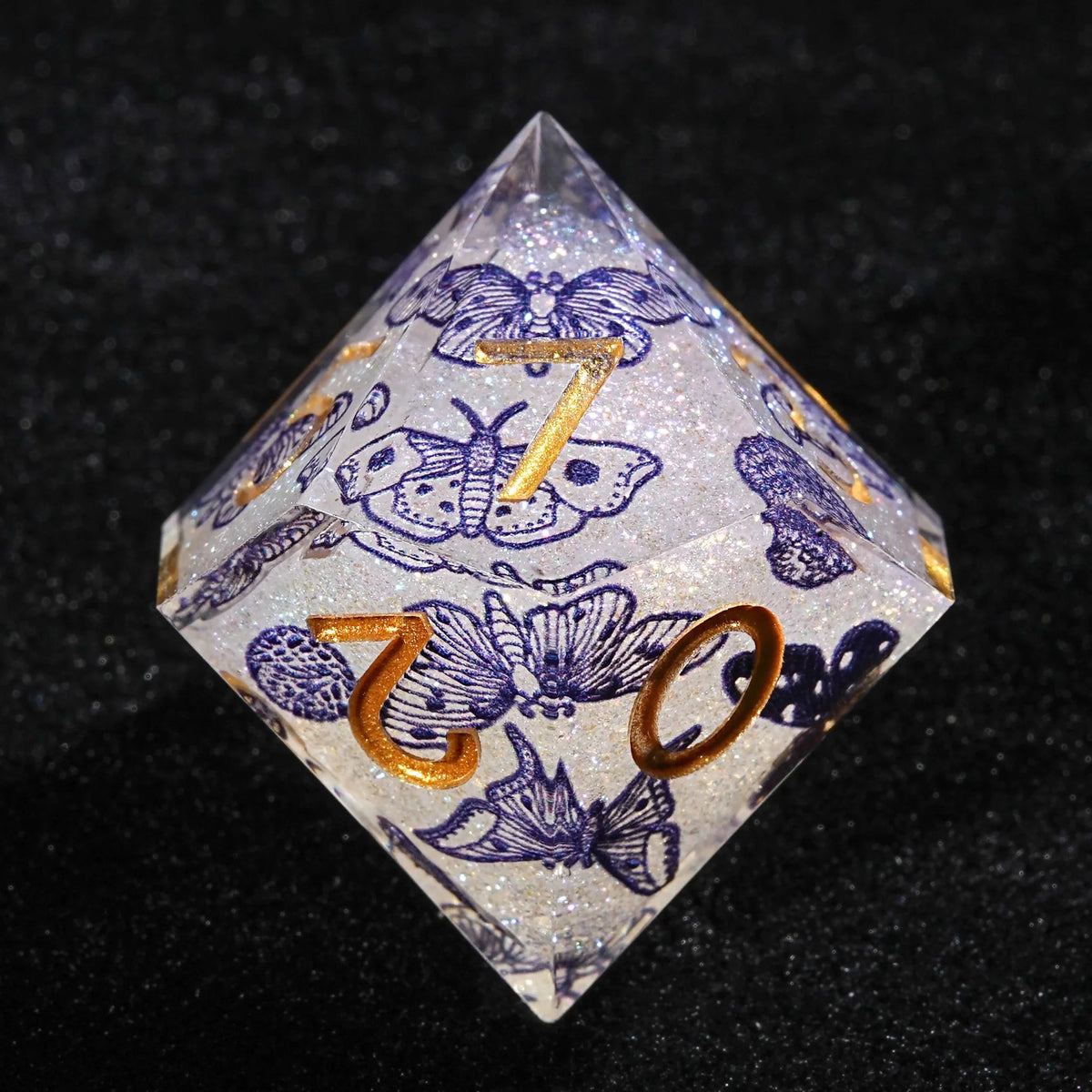 Butterfly Resin DND Dice Set – Gold Numbers – Blue Butterfly Resin DND Dice Set + Gold Font