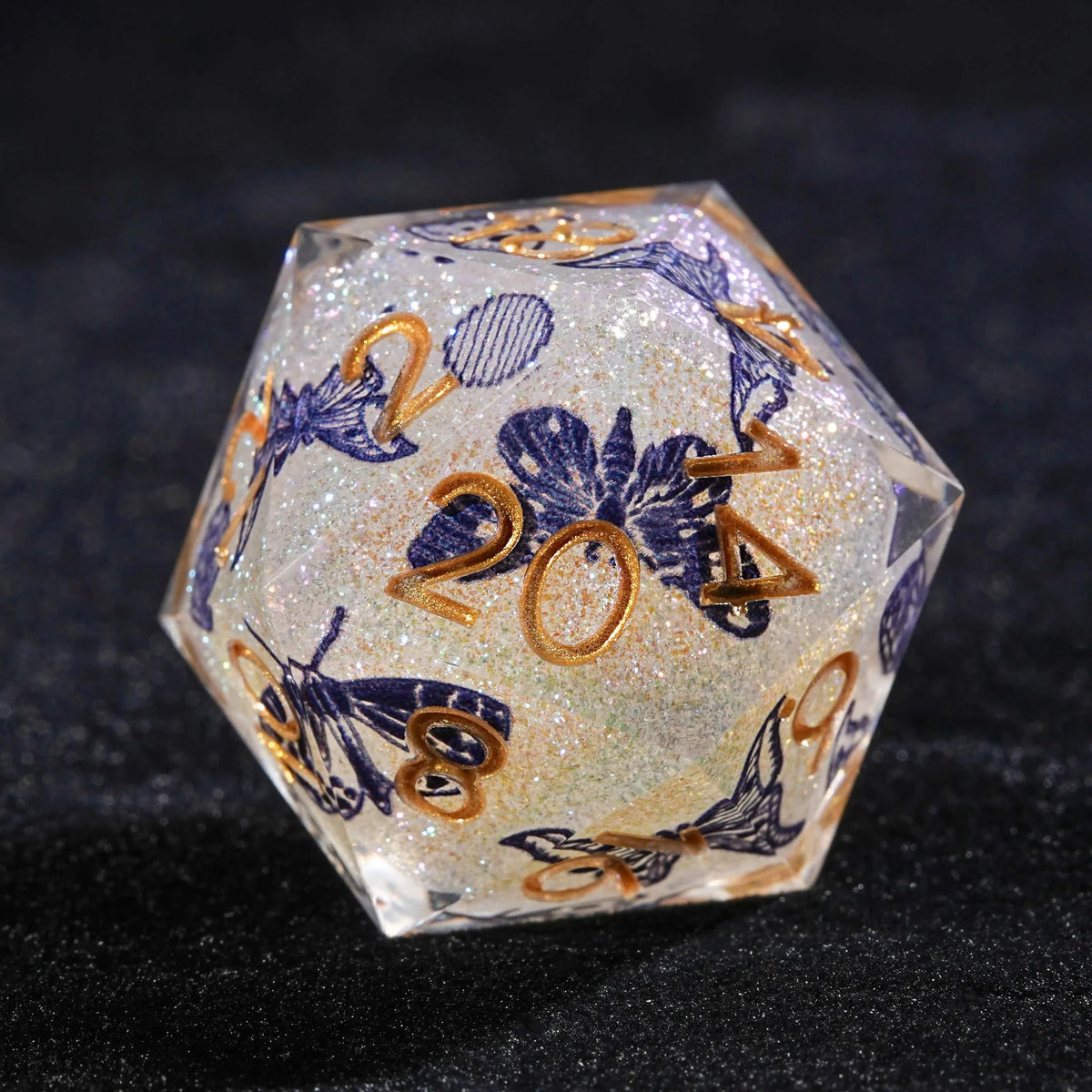 Butterfly Resin DND Dice Set – Gold Numbers – Blue Butterfly Resin DND Dice Set + Gold Font