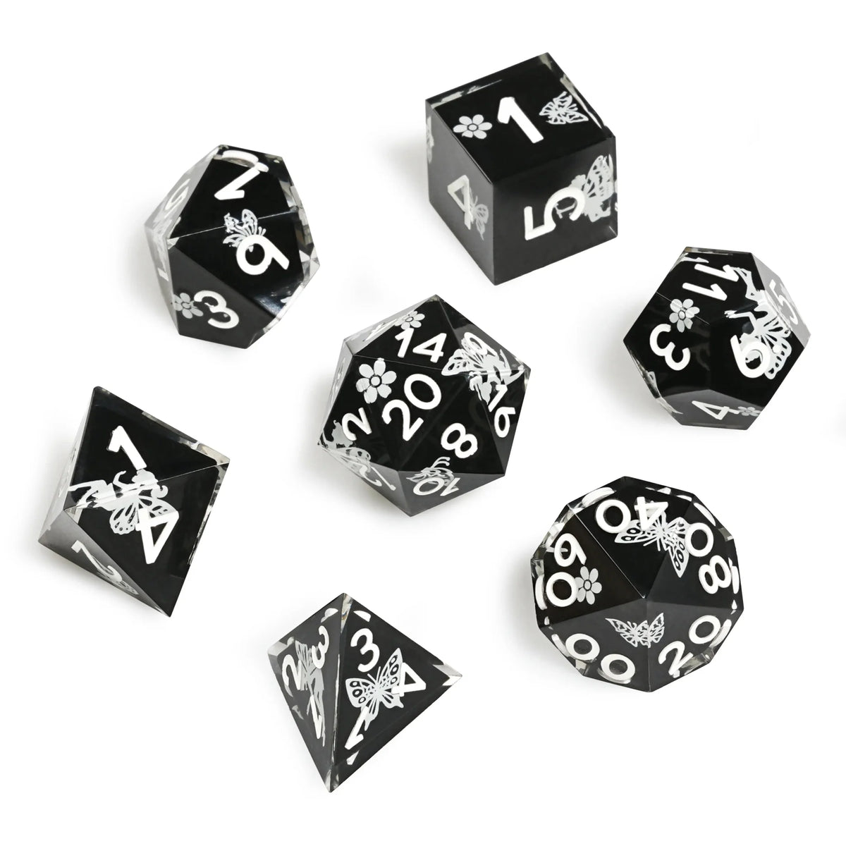 Butterfly Resin DND Dice Set – Illusion Glowing – Unique cool luminous dnd dice: black resin butterfly flower