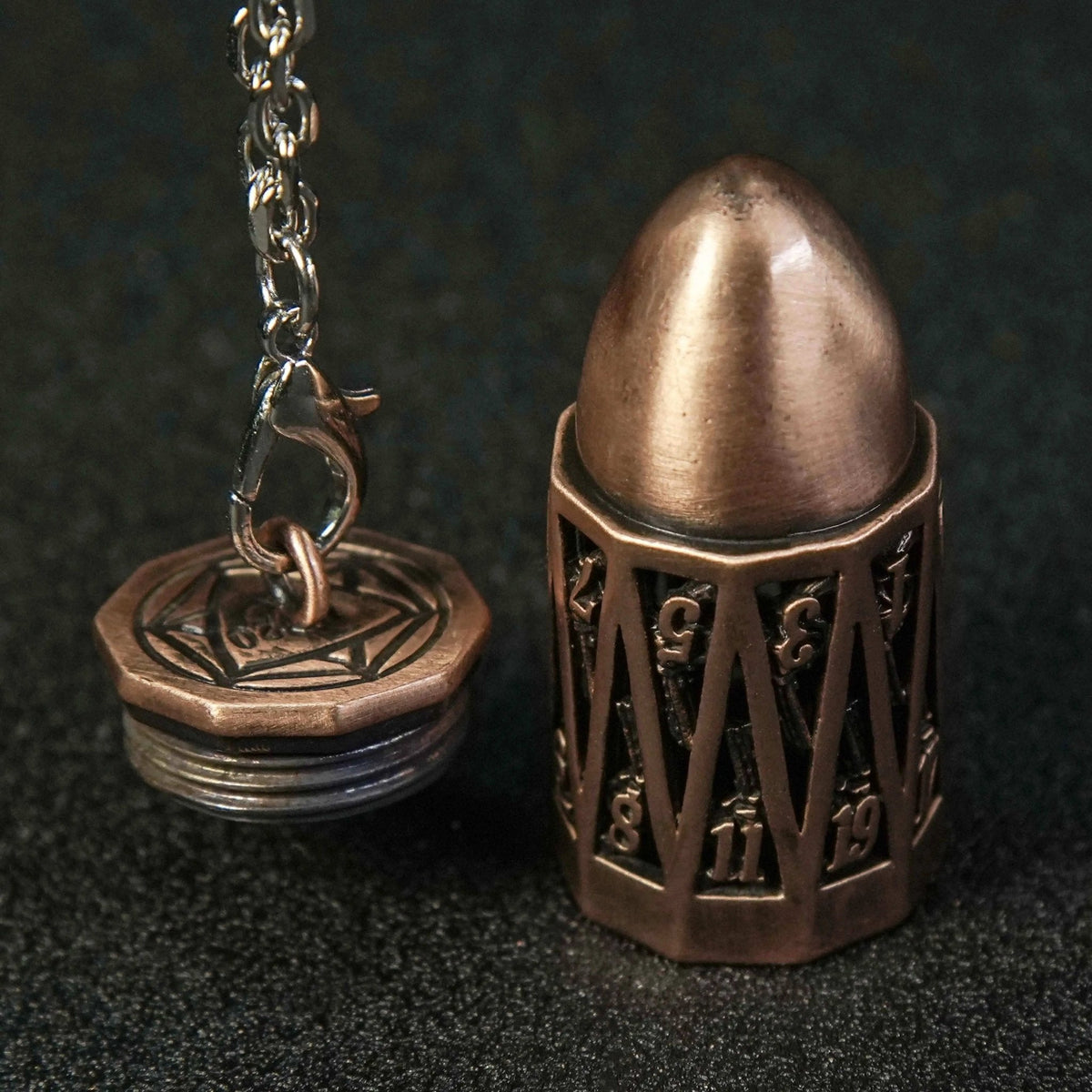 Cage Copper Metal Bullet Dice Set – Copper Metal Bullet D20 Dice Cage with Mini DND Dice Set