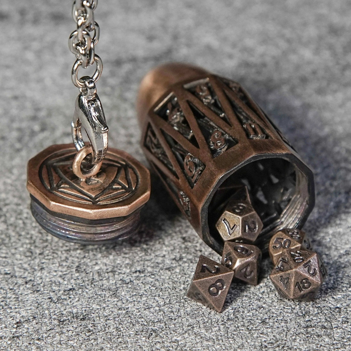 Cage Copper Metal Bullet Dice Set – Copper Metal Bullet D20 Dice Cage with Mini DND Dice Set