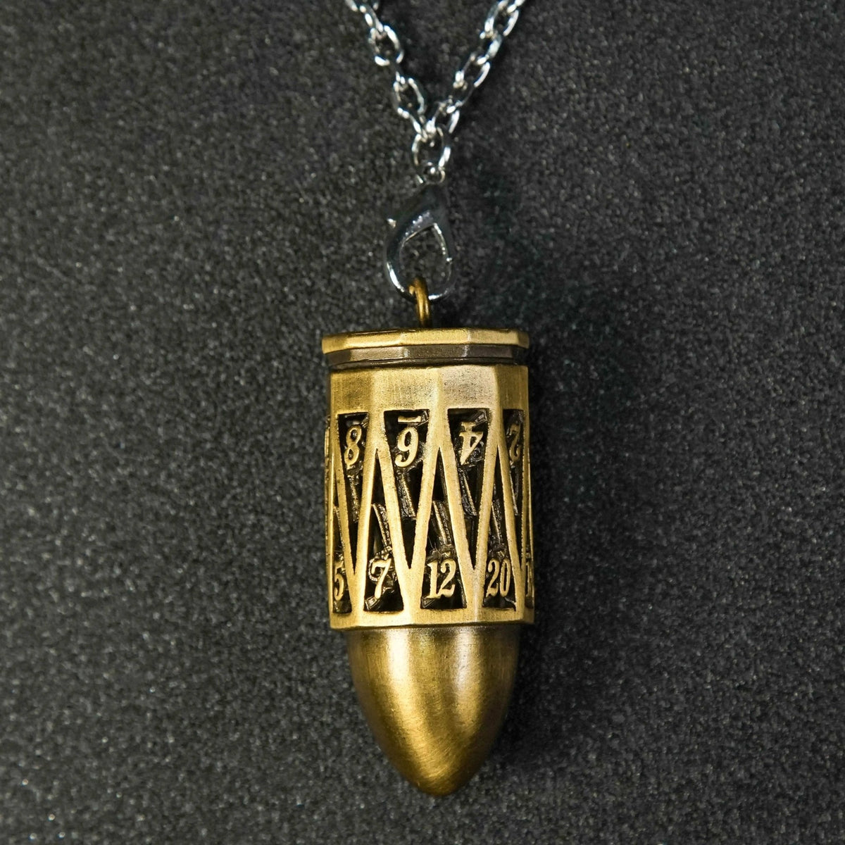 Cage Necklace Metal Bullet Dice Set – Unique Bullet Shape Antique Gold Hollow Metal D20 Dice Cage Necklace + Mini Dice