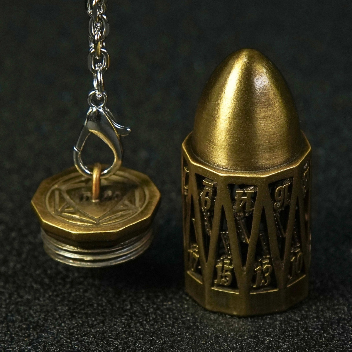 Cage Necklace Metal Bullet Dice Set – Unique Bullet Shape Antique Gold Hollow Metal D20 Dice Cage Necklace + Mini Dice