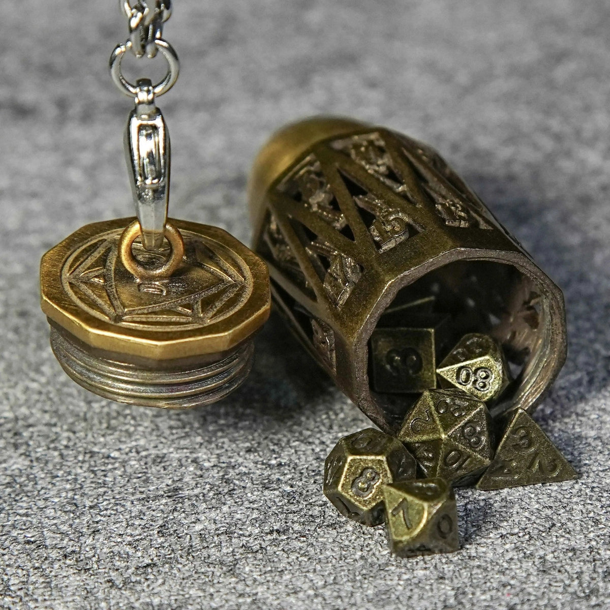 Cage Necklace Metal Bullet Dice Set – Unique Bullet Shape Antique Gold Hollow Metal D20 Dice Cage Necklace + Mini Dice