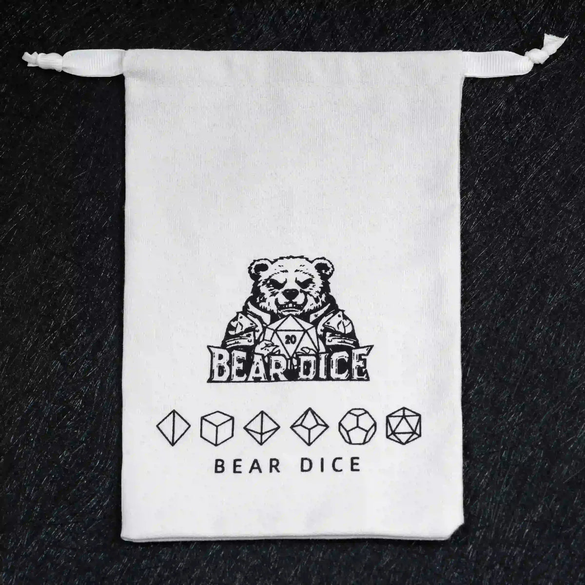 Canvas Dice Box – White canvas drawstring dice bag with the logo, holds 1-3 sets of standard-sized D&D dice