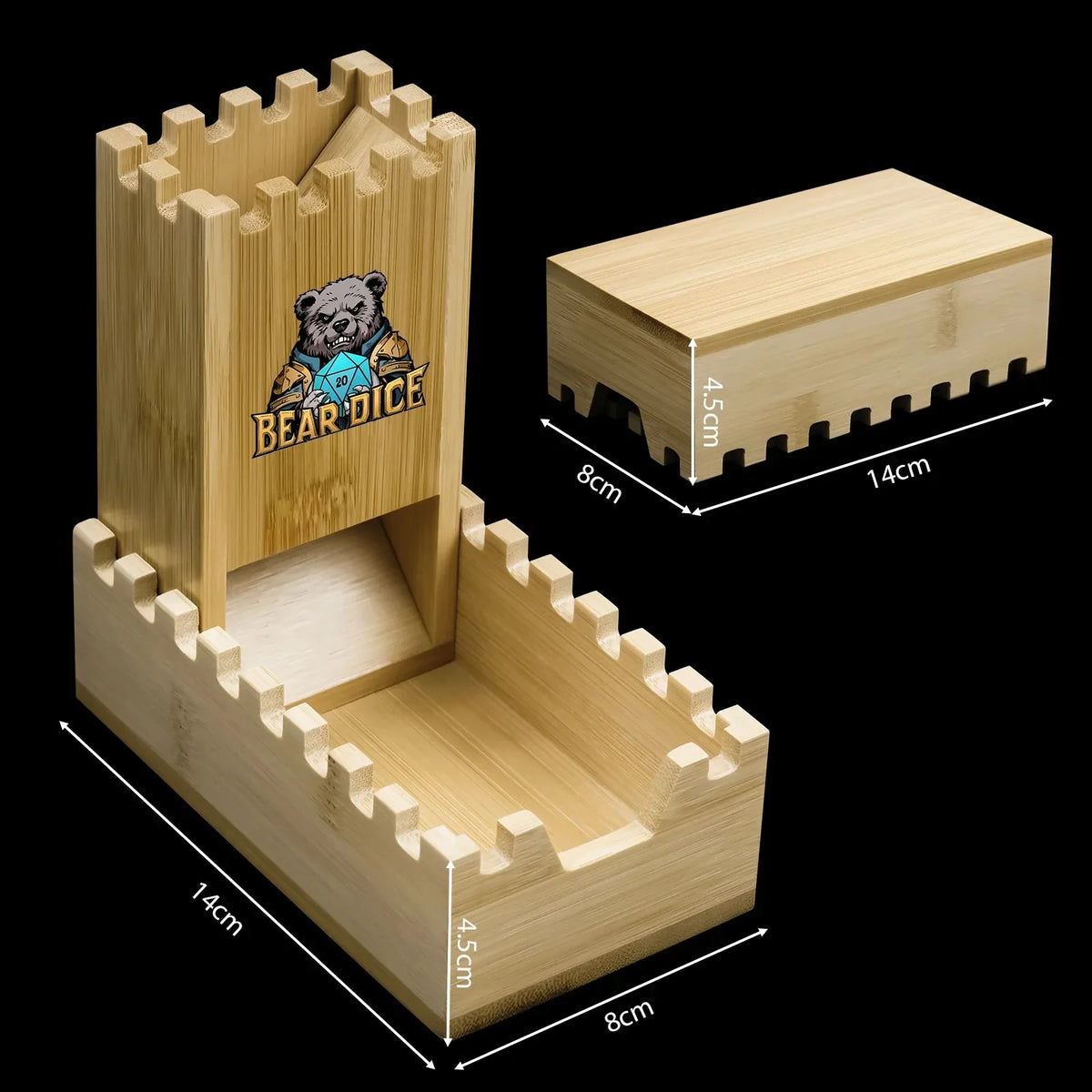 Castle Dice Tower – Wooden – Hand-polished wooden foldable DND dice tower with the logo. The dice tray measures 14 cm