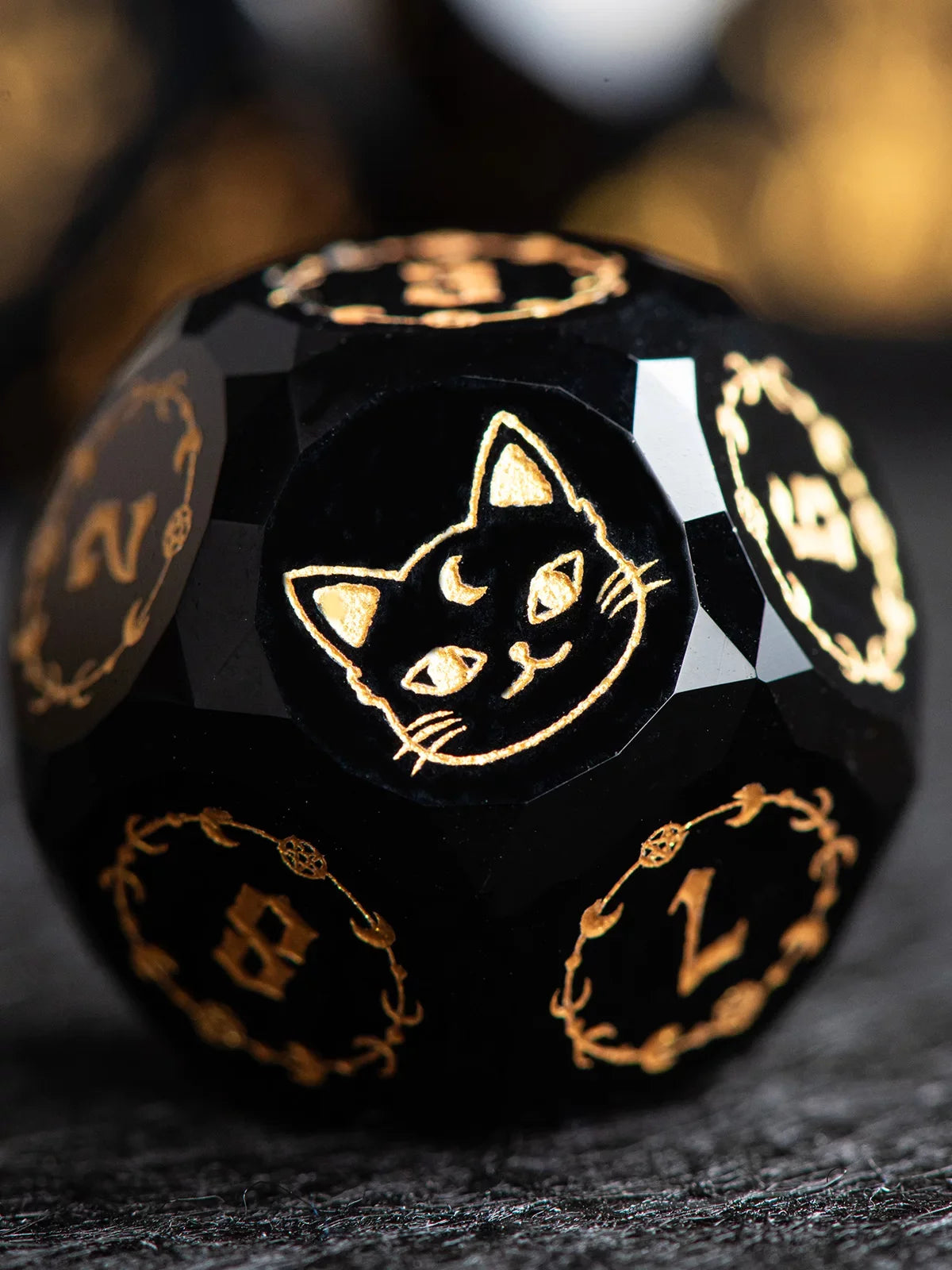 Cat Gemstone DND Dice Set – Moon Obsidian – Multi-faceted obsidian Dnd natural stone multi-faceted dice COC running