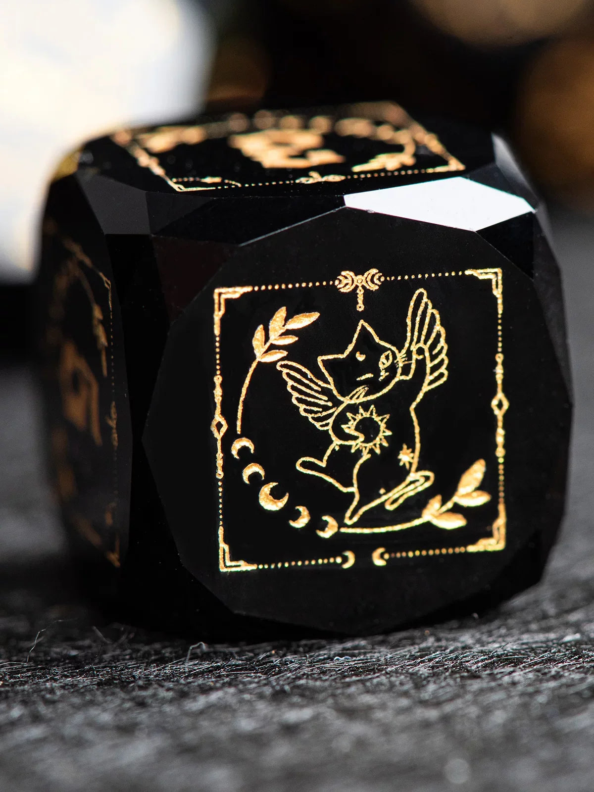 Cat Gemstone DND Dice Set – Moon Obsidian – Multi-faceted obsidian Dnd natural stone multi-faceted dice COC running