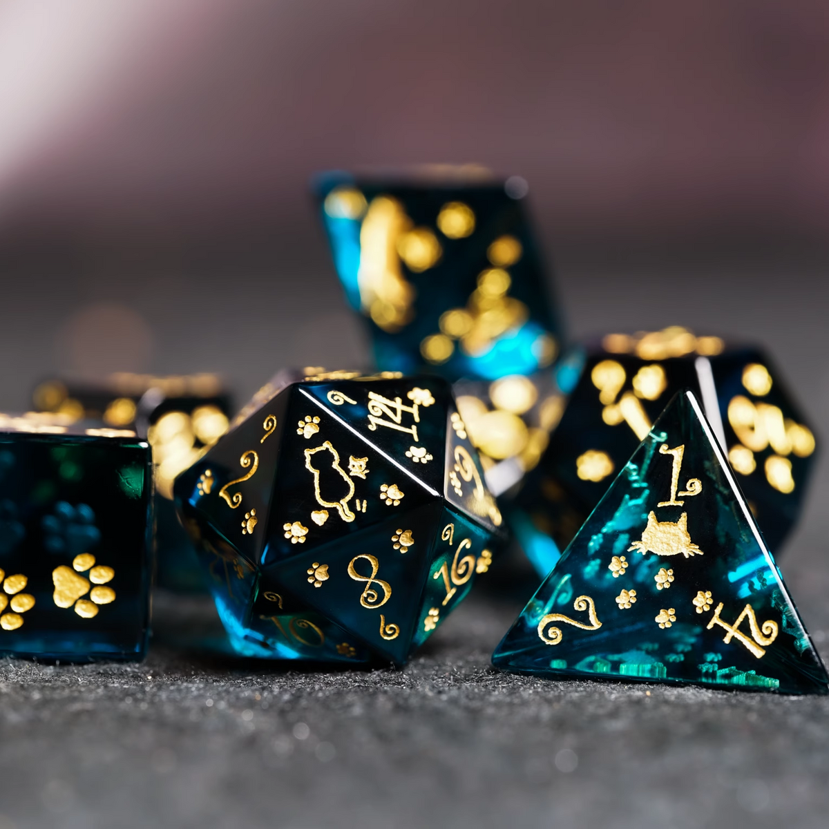 Cat Glass DND Dice Set – Gold Numbers – Blue Crystal Cute Cat & Paw DND Glass Dice Set with Gold Numbers