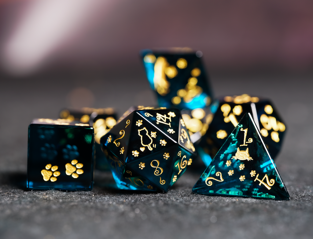 Cat Glass DND Dice Set – Gold Numbers – Blue Crystal Cute Cat & Paw DND Glass Dice Set with Gold Numbers
