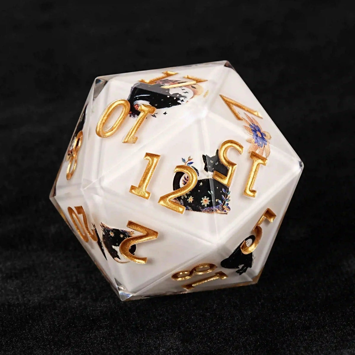 Cat Liquid Core Dice Set – Glitter – 35mm Cream Garden Cat Resin Large D20 Dice with Gold Numbers