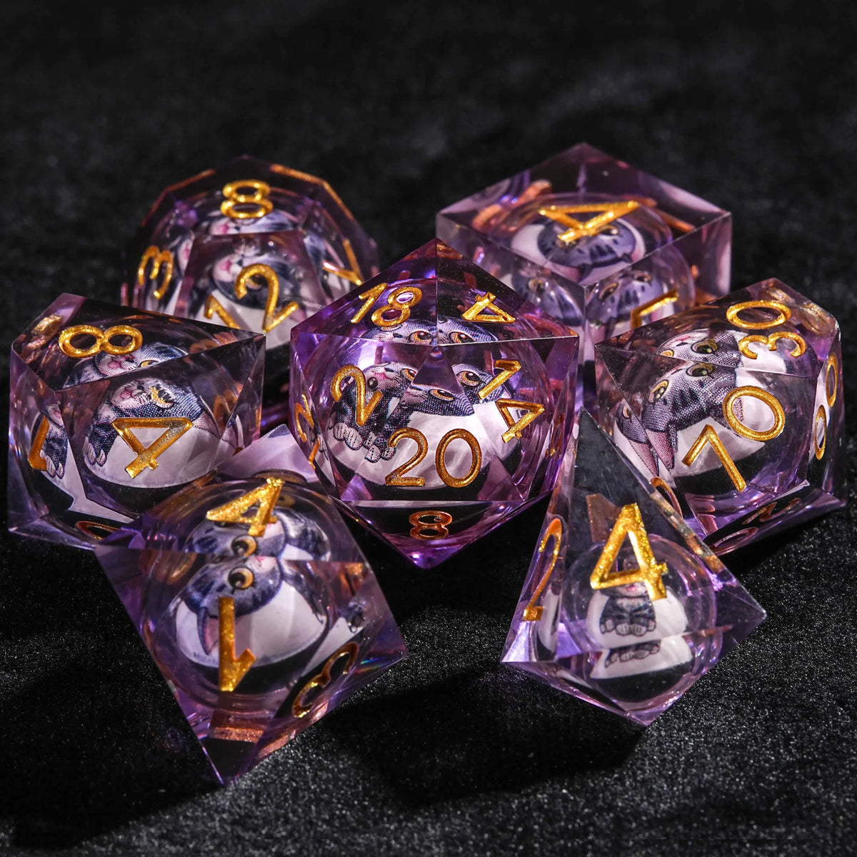 Cat Liquid Core Dice Set – Gold Numbers – DND Clear Purple Resin Round Liquid Core Cat Dice Set with Gold Numbers