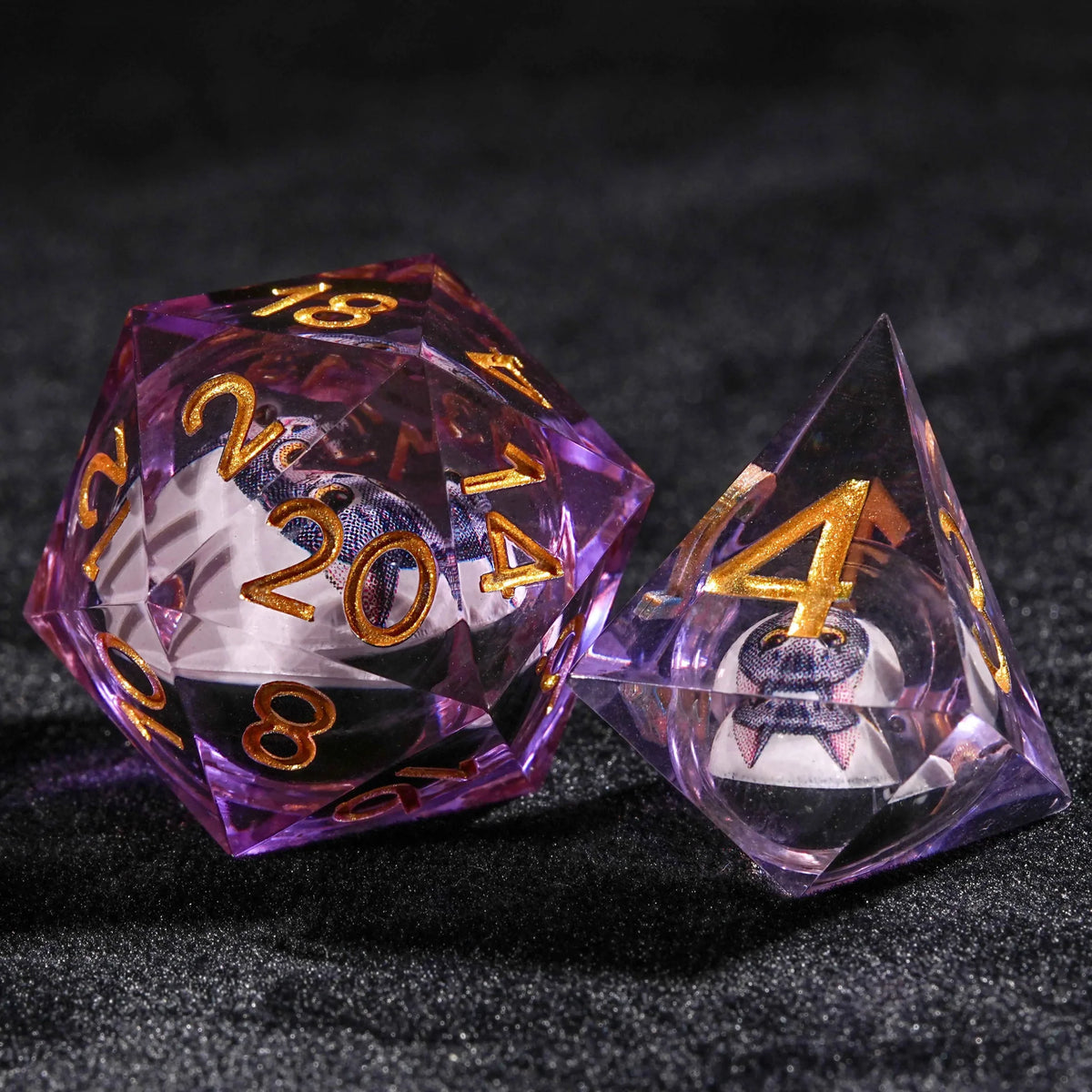 Cat Liquid Core Dice Set – Gold Numbers – DND transparent purple resin black and white liquid core cartoon cat D20 and