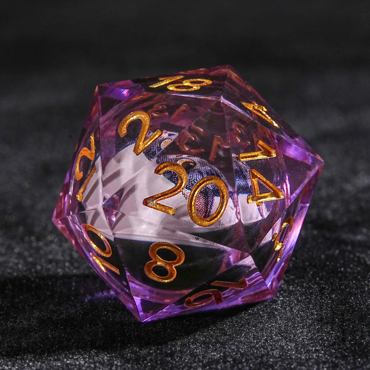 Cat Liquid Core Dice Set – Gold Numbers – DND transparent purple resin black and white sphere liquid core cartoon cat