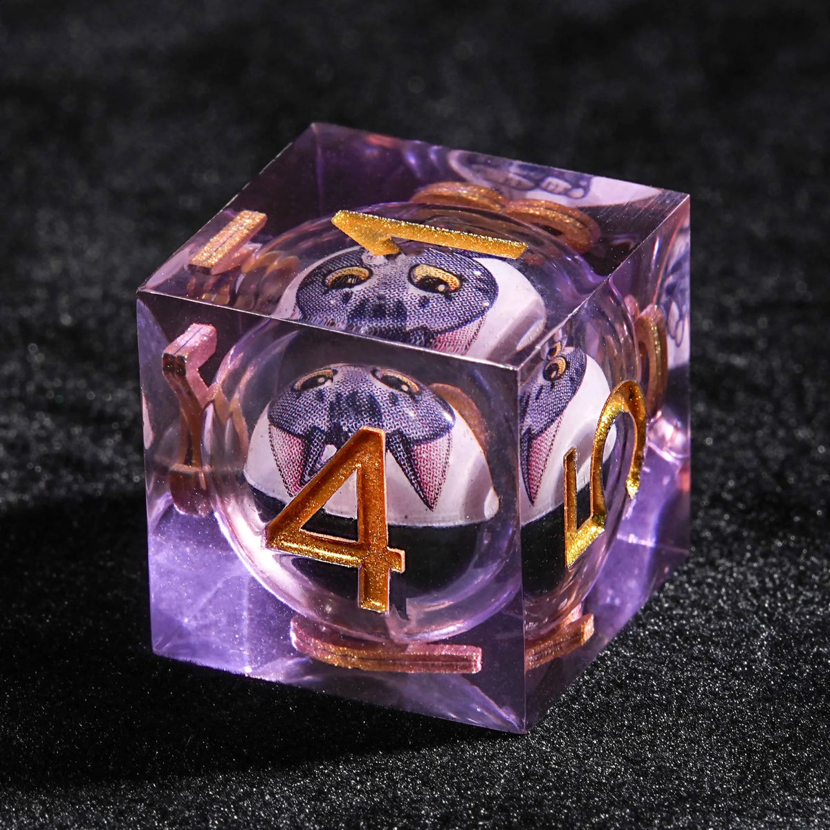 Cat Liquid Core Dice Set – Gold Numbers – DND transparent purple resin black and white sphere liquid core cartoon cat