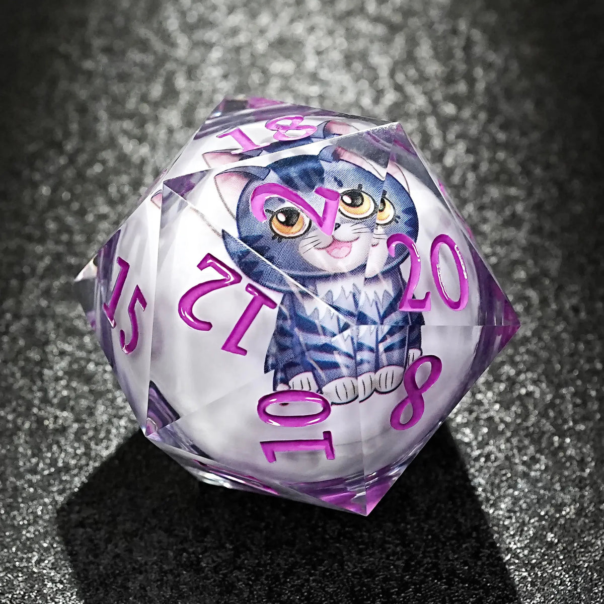 Cat Liquid Core Dice Set – Luminous 50mm – 50mm clear resin DND D20 dice with purple engraved numbers. The core of the