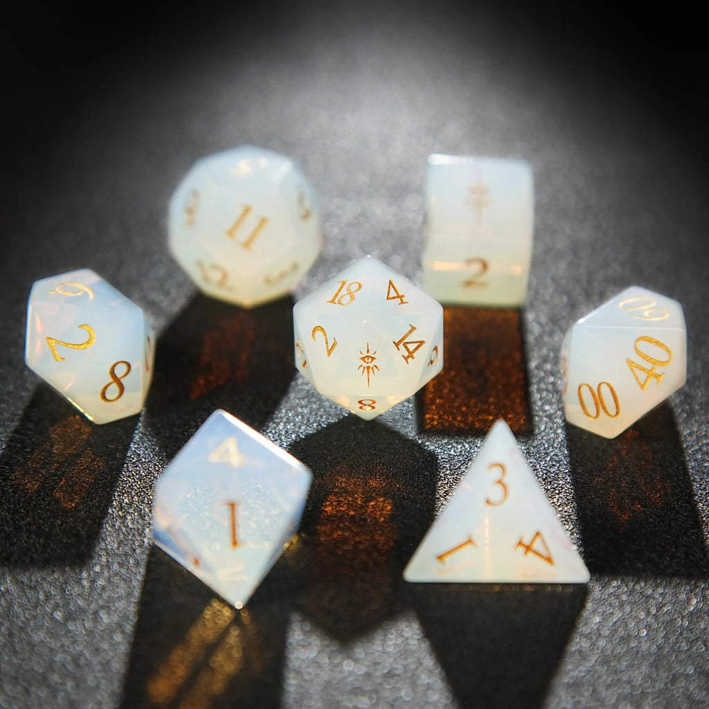 Cat Natural Stone DND Dice Set – Gold Numbers – Translucent Cat's Eye Gemstone Dice Set + Gold Numbers