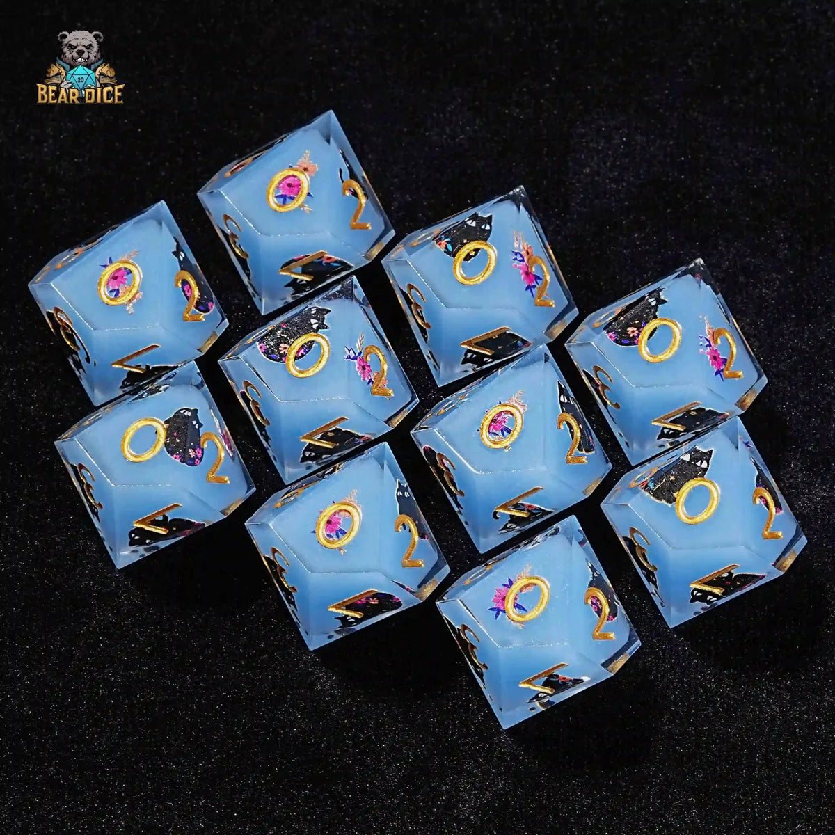 Cat Resin D10 Dice – Flower Theme – Charming Adorable Cat Blue Resin 10 Sided Dice (D10 Dice)
