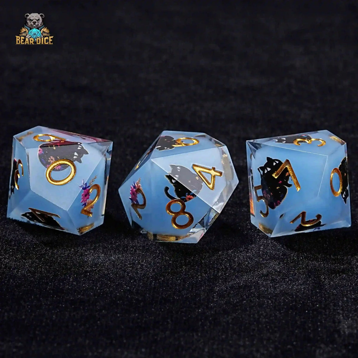 Cat Resin D10 Dice – Flower Theme – Charming Adorable Cat Blue Resin 10 Sided Dice (D10 Dice)