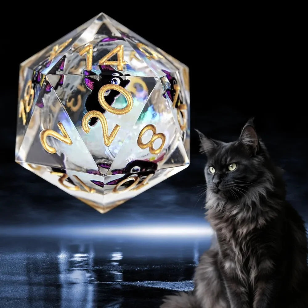 Cat Resin DND Dice Set – Eyes Cute – Cute Big-Eyed Black Cat DND Resin D20 Dice with Gold Numbers, Round Colored Sequin
